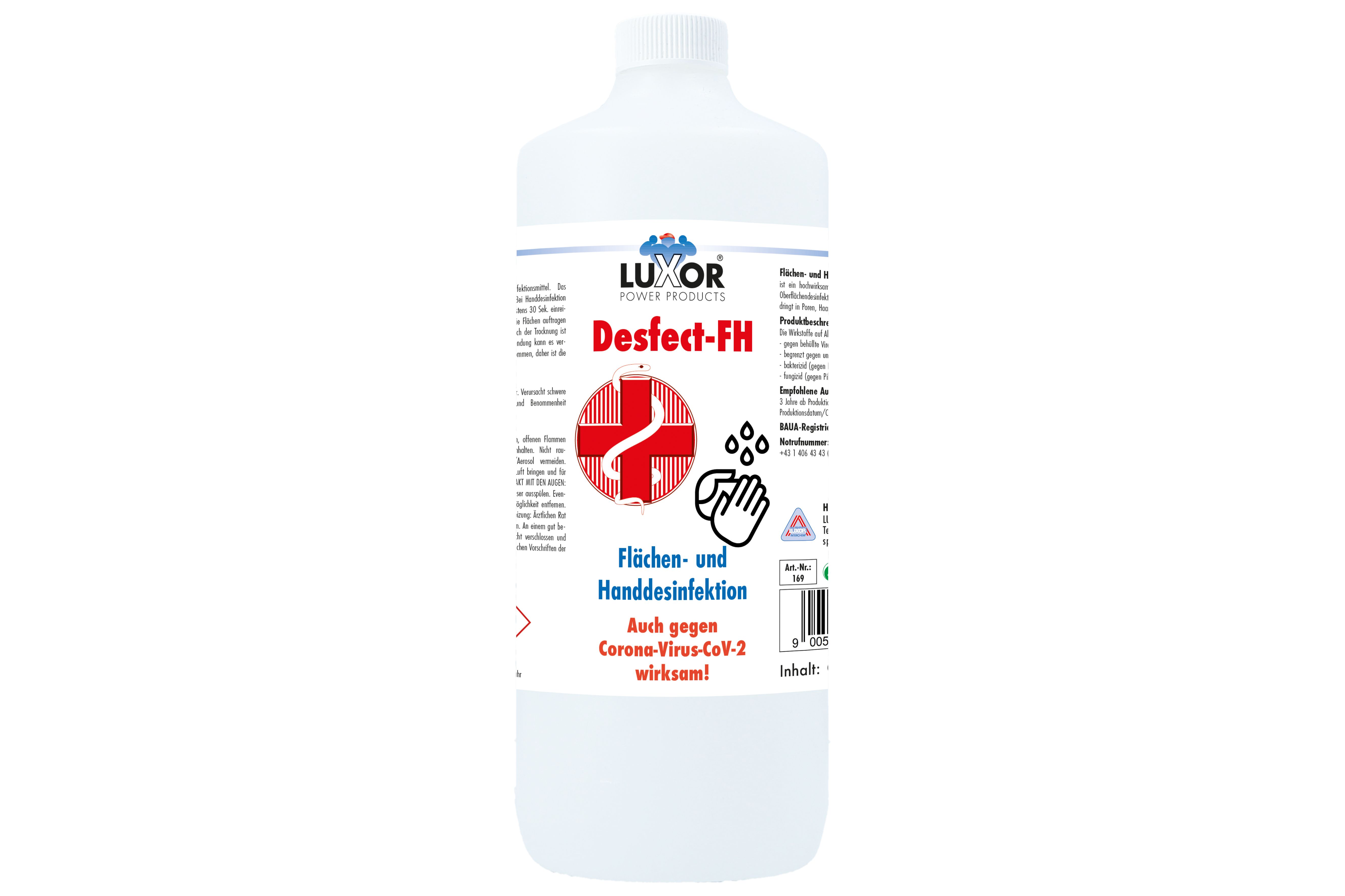 Luxor Desfect-FH Desinfektionsmittel in weißer Flasche mit rotem Kreuz und Hand-Symbol.
