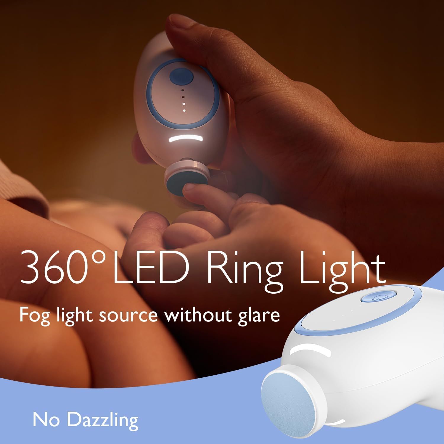 Elektrische Baby-Nagelfeile mit 360° LED-Ringlicht, blendfrei.