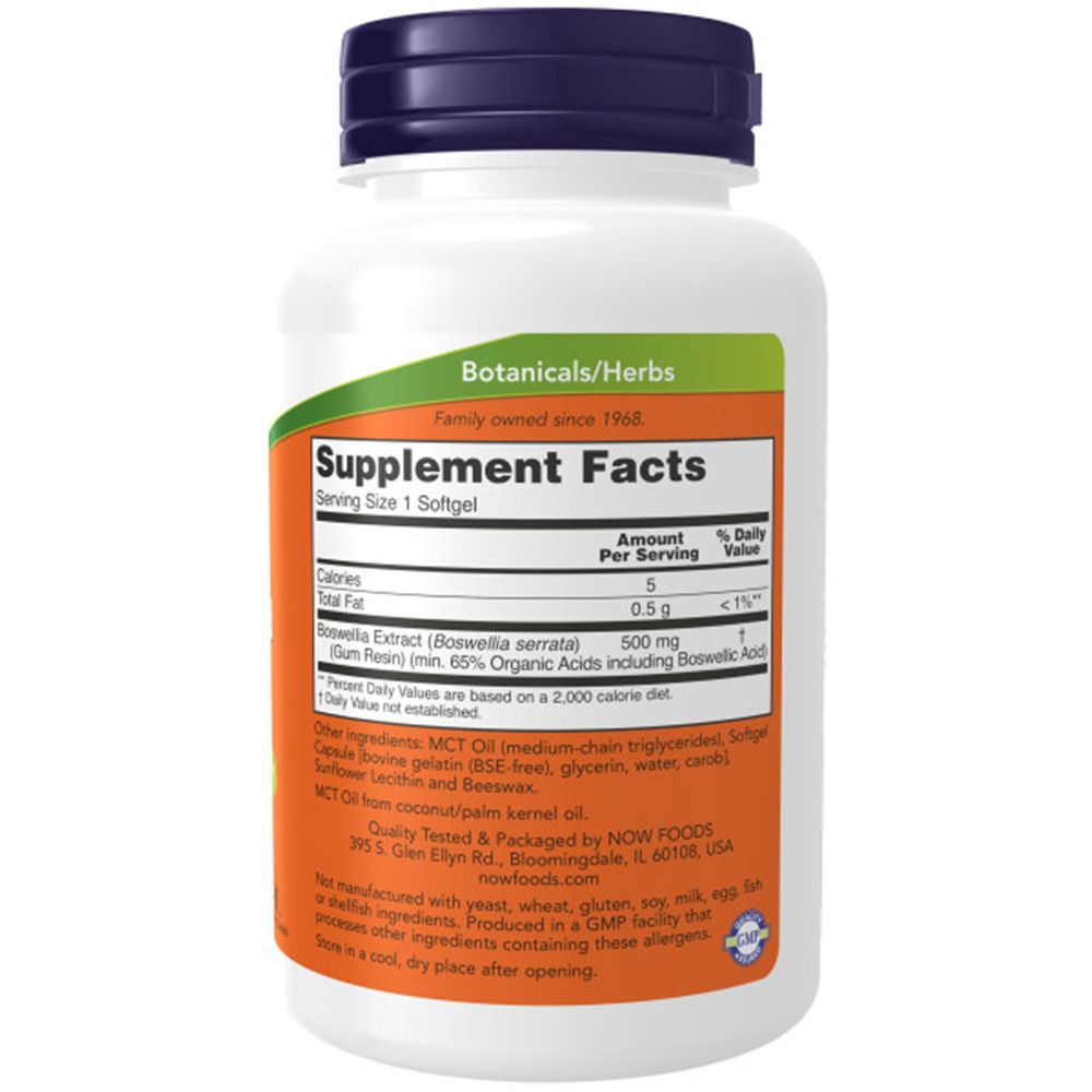 Rückseite der Flasche. Aufschrift: Supplement Facts. Enthält Boswellia Extract 500 mg. Inhaltsstoffe. Marke: NOW. Orangefarbener Aufkleber.