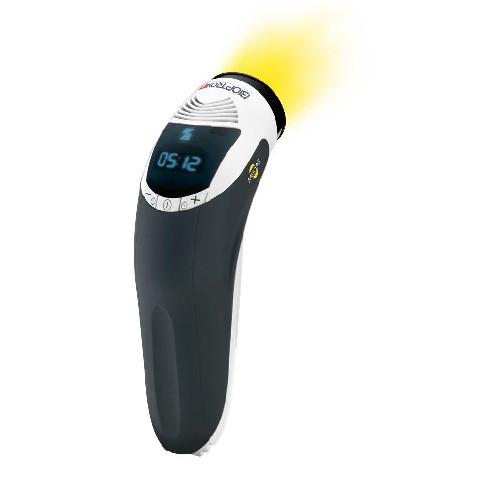Weiß-graues Gerät mit Display und gelbem Lichtstrahl. Zeigt 05:12 an.