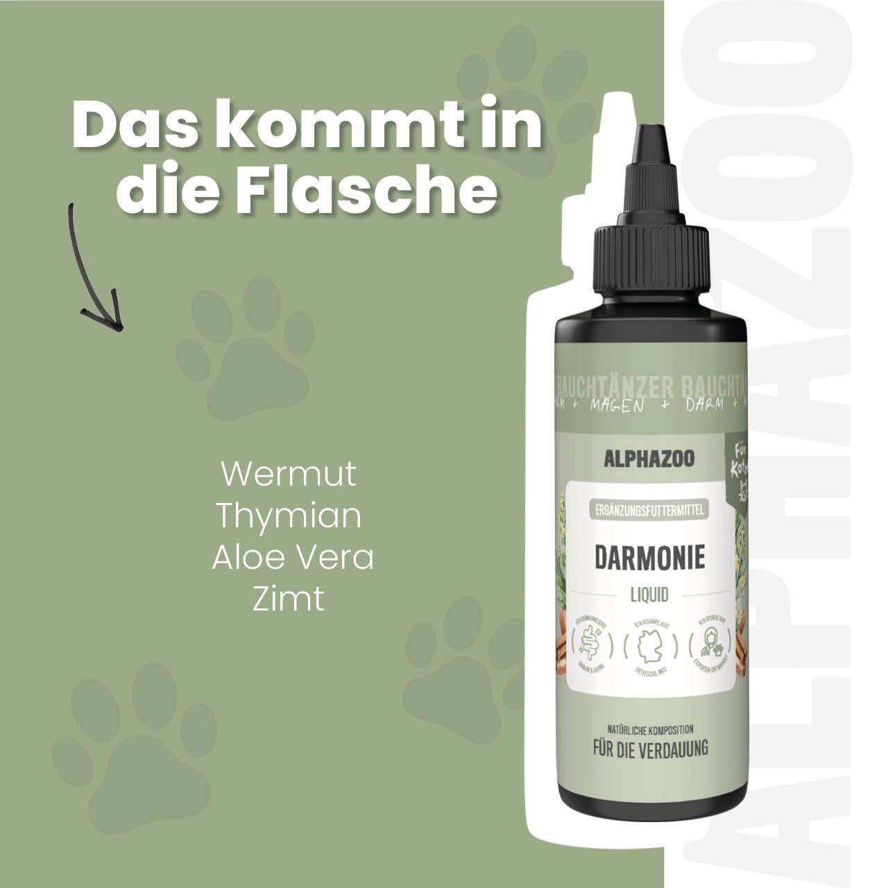 Flasche mit Darmonie Liquid. Text: Das kommt in die Flasche. Wermut, Thymian, Aloe Vera, Zimt.