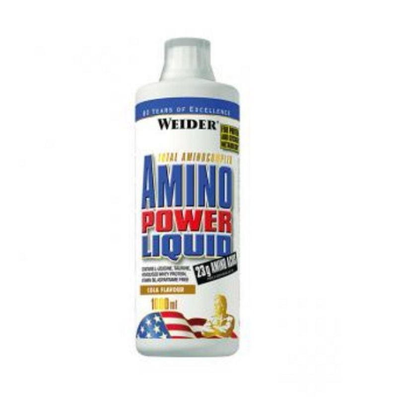 Weiße Flasche mit blauer und roter Aufschrift. Enthält Amino Power Liquid. Enthält 23g Aminosäuren. Cola-Geschmack.