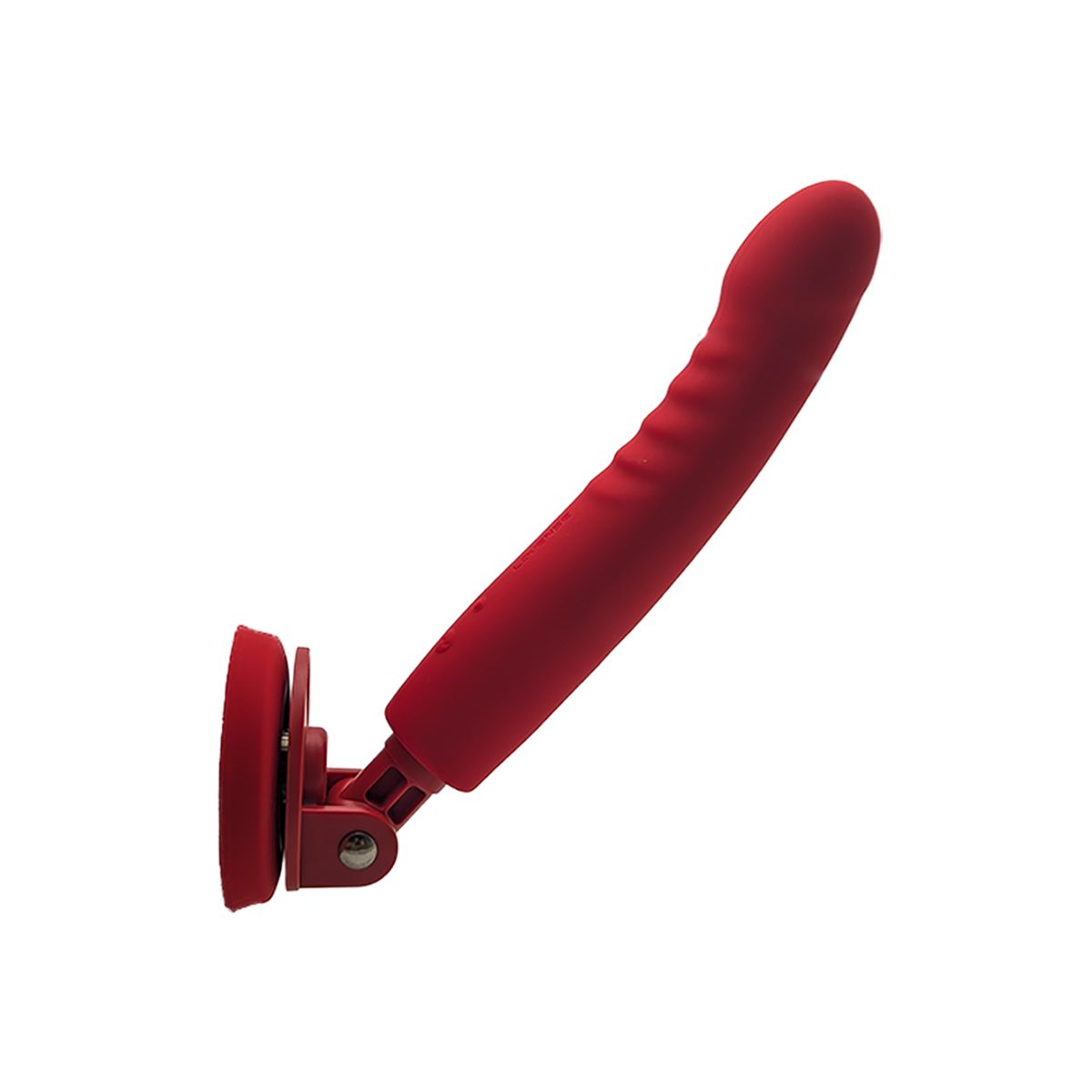 Roter Vibrator mit Saugnapfhalterung und Gelenk.