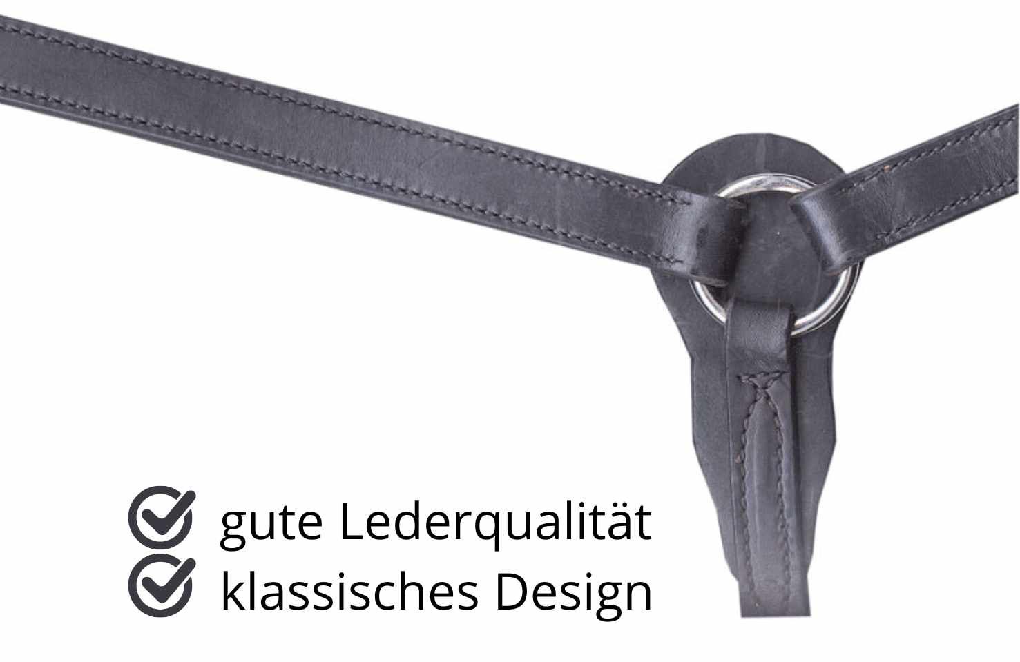 Schwarzes Leder-Vorderzeug mit Metallringen. Text: gute Lederqualität, klassisches Design.