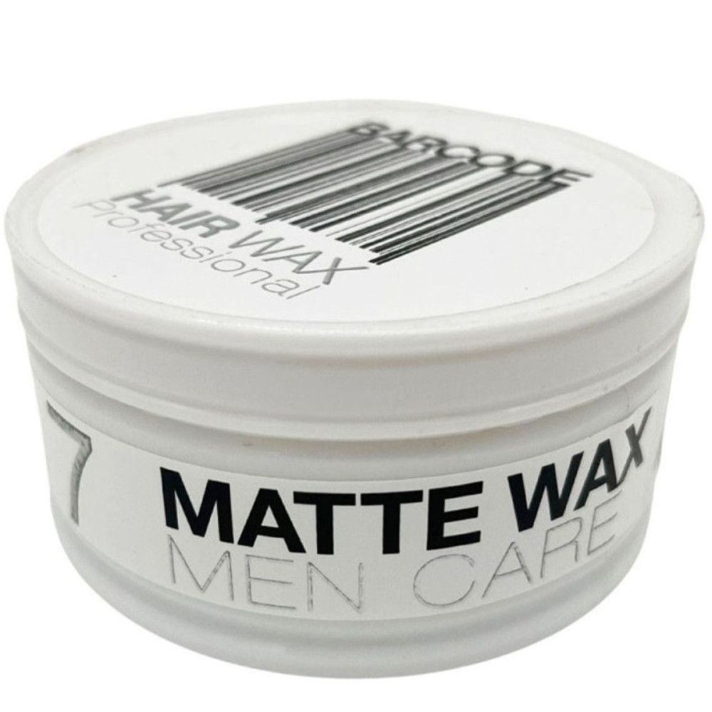 Weißer Tiegel mit Deckel. Aufschrift: Barcode, Hair Wax Professional, 7, Matte Wax, Men Care.