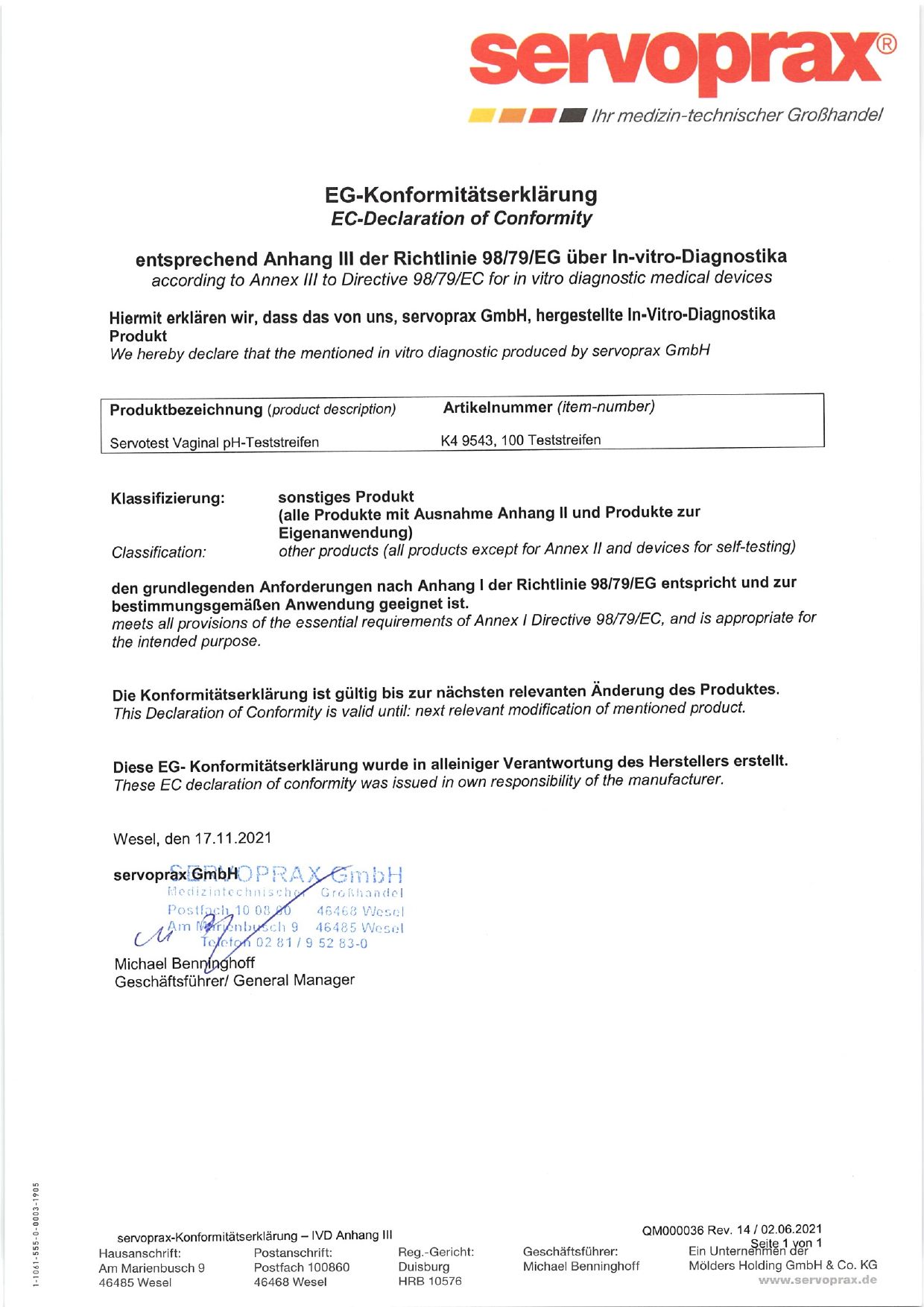 EG-Konformitätserklärung. Produktbezeichnung: Servotest Vaginal pH-Teststreifen. Hersteller: servoprax GmbH.