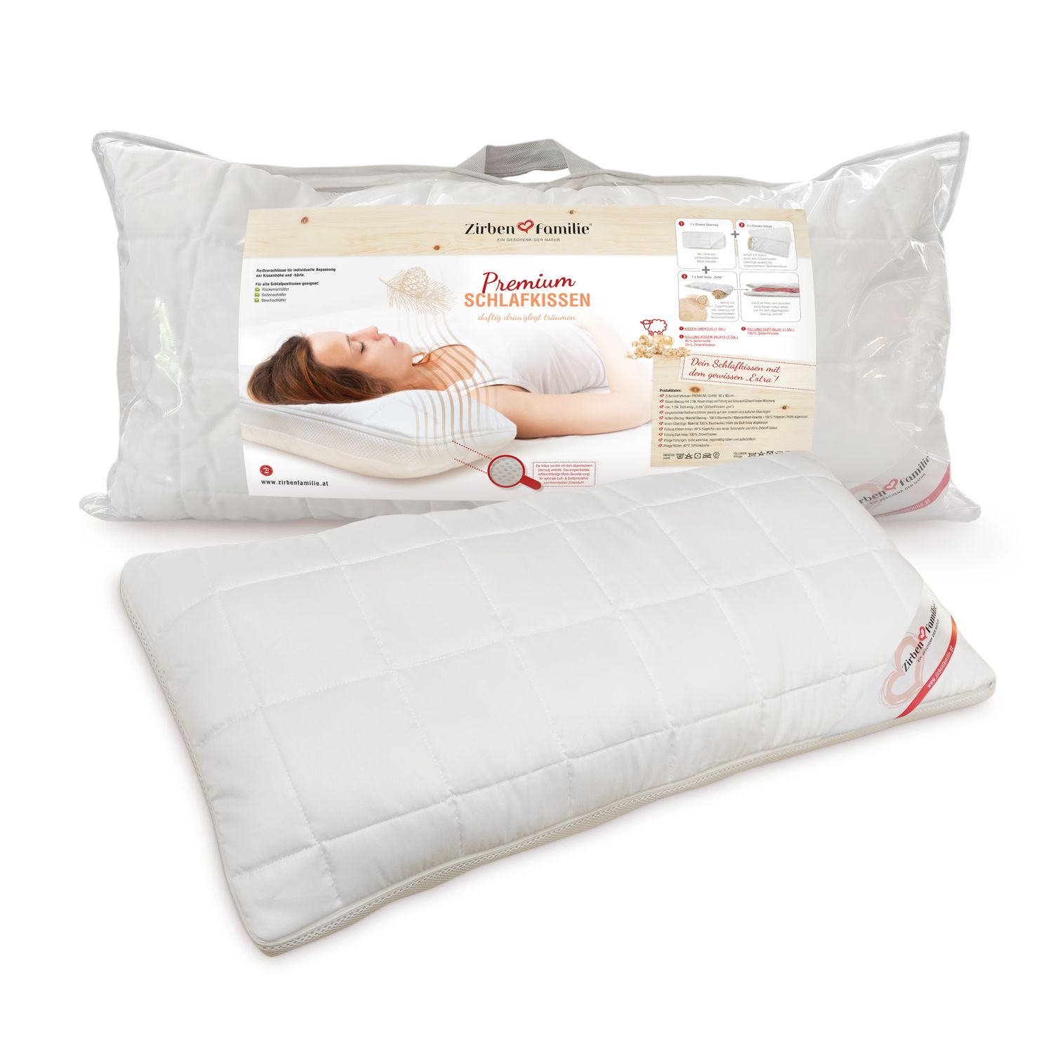 Weißes, rechteckiges Kissen in Folienverpackung. Aufgedruckt: Produktabbildung, Produktname, Logo.