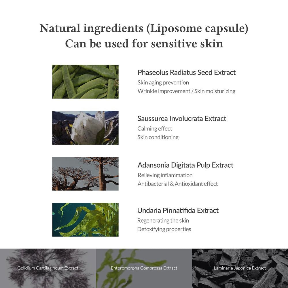 Nahaufnahme von Inhaltsstoffen. Text: Phaseolus Radiatus Seed Extract, Saussurea Involucrata Extract, Adansonia Digitata Pulp Extract, Undaria Pinnatifida Extract.