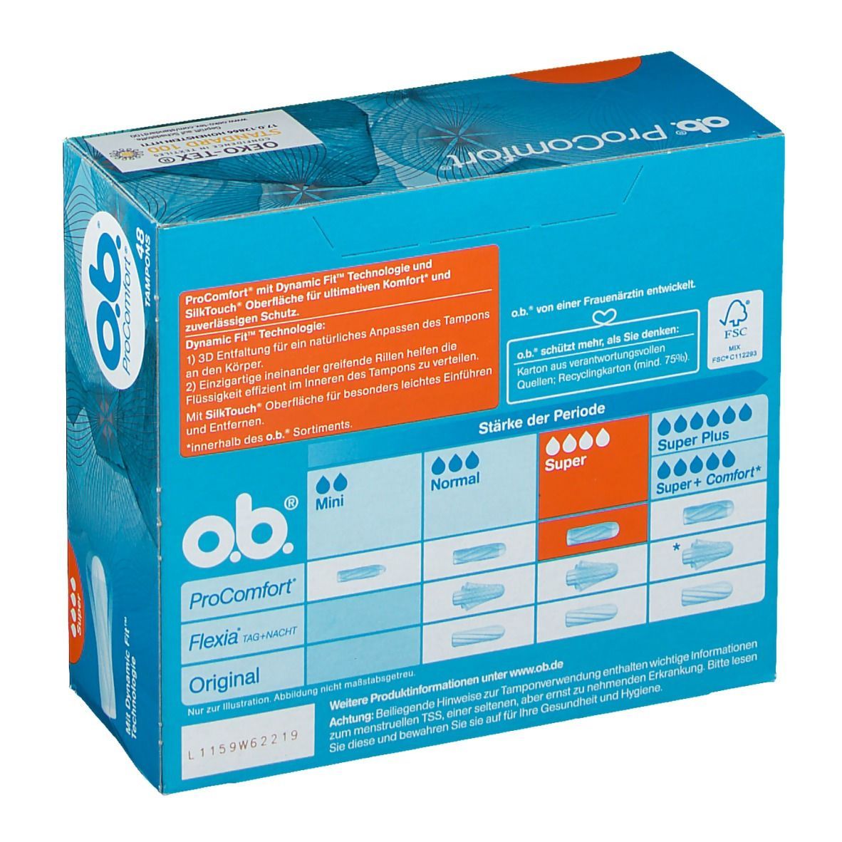 o.b.® ProComfort Super Tampons. Rückseite der Verpackung. Produktinformationen und Stärken. Oeko-Tex Siegel.