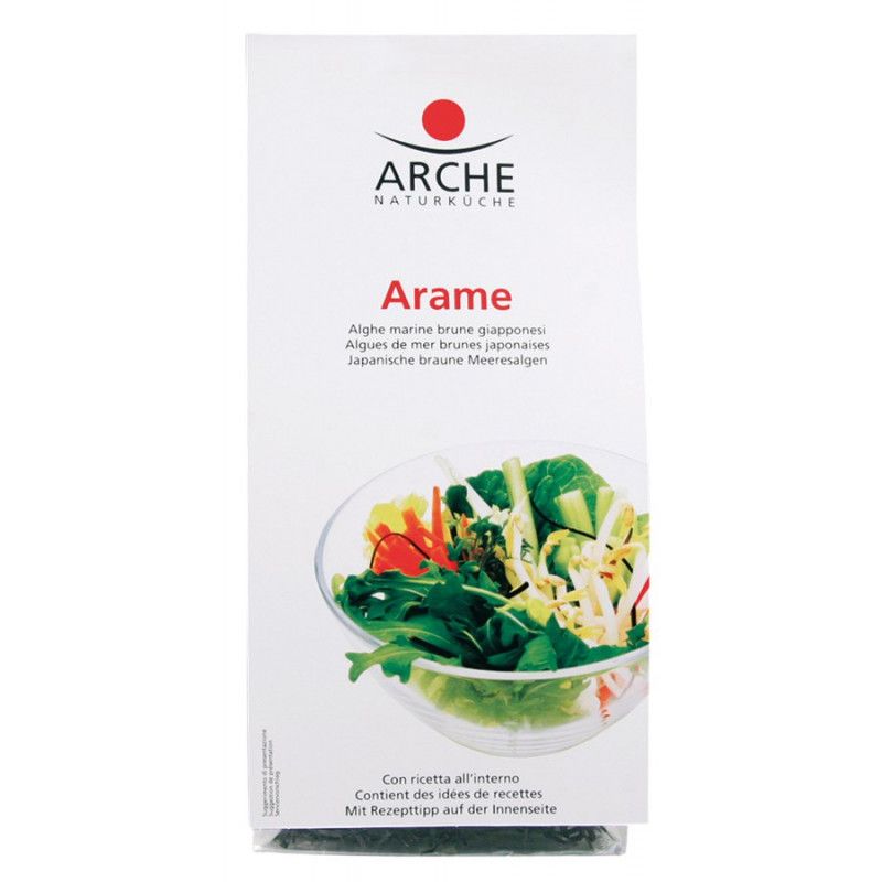 Verpackung mit Produktnamen Arame und Arche-Logo. Abbildung einer Salatschüssel mit Gemüse. Text in Deutsch, Französisch, Italienisch.