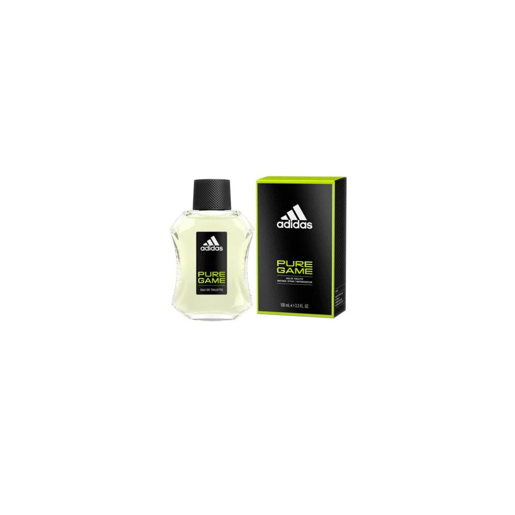 Adidas Pure Game Eau de Toilette Flakon und Verpackung. Kleiner Flakon, grüne Verpackung mit Logo. Schwarzer Deckel.