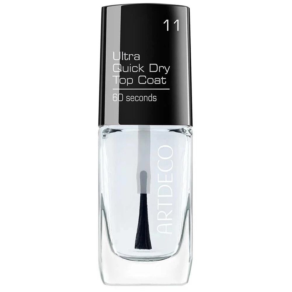 Klare Nagellackflasche mit schwarzem Deckel. Aufschrift: Ultra Quick Dry Top Coat, 60 seconds. Marke: ARTDECO.