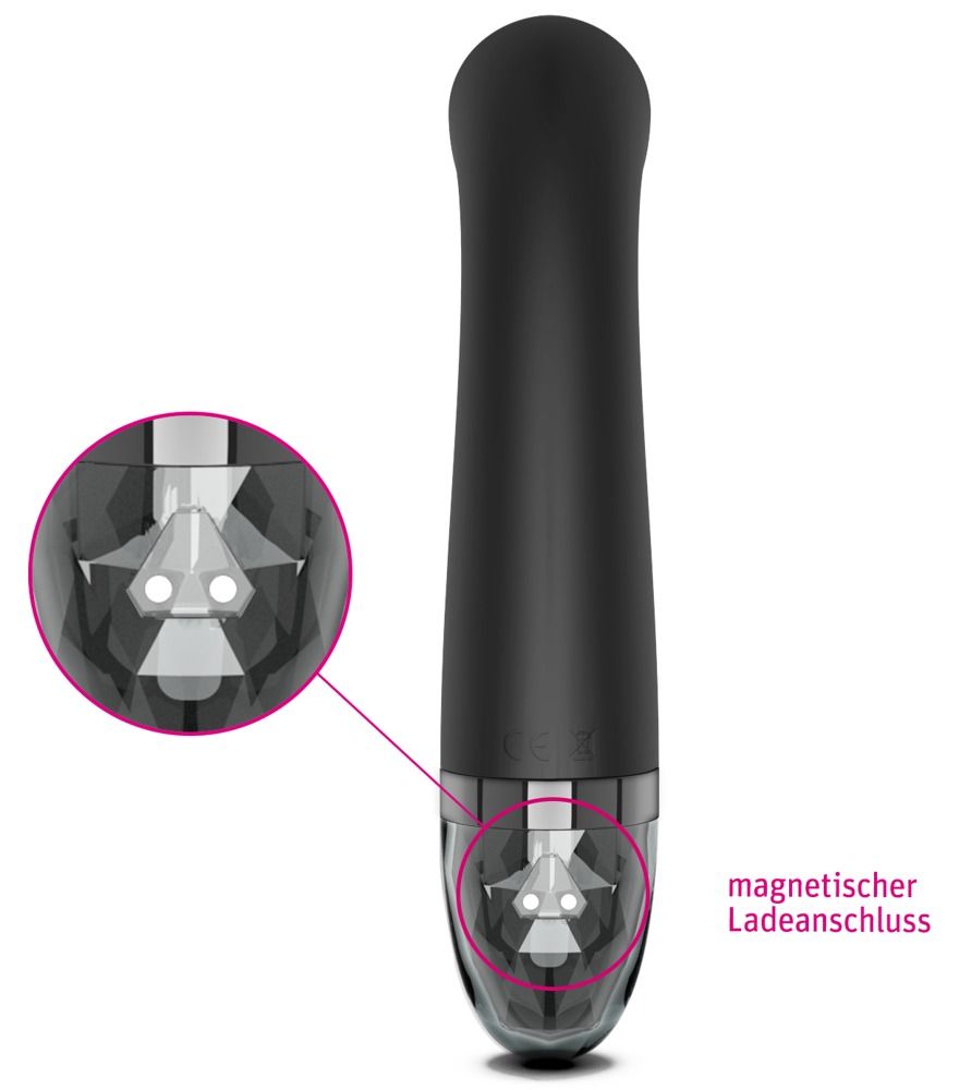 Schwarzer eStim Vibrator. Magnetischer Ladeanschluss. Transparentes Ende. Marke Mystim.