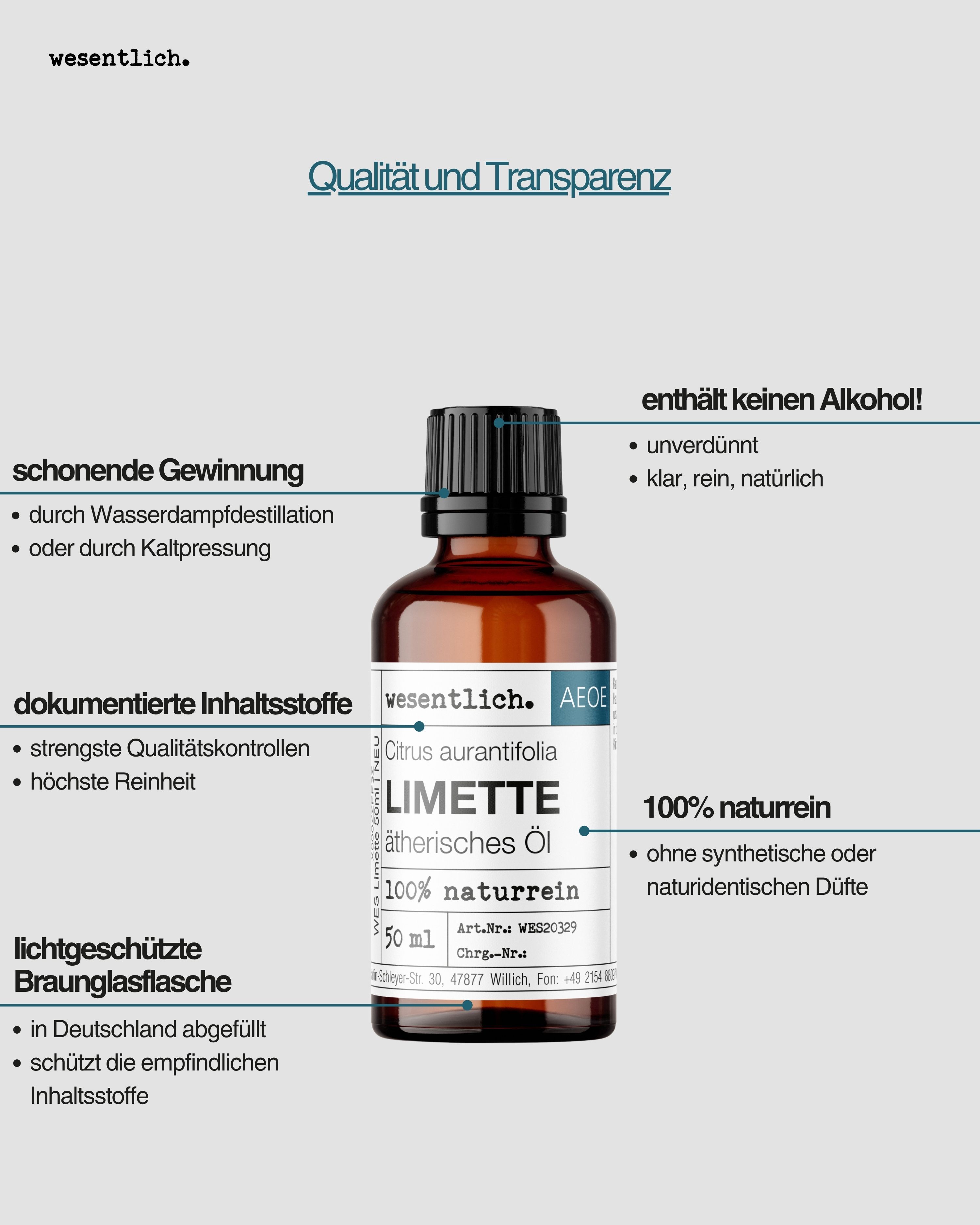 Flasche Limettenöl. Links: Schonende Gewinnung, dokumentierte Inhaltsstoffe, leichte Braunglasflasche. Rechts: Enthält keinen Alkohol, 100% naturrein.