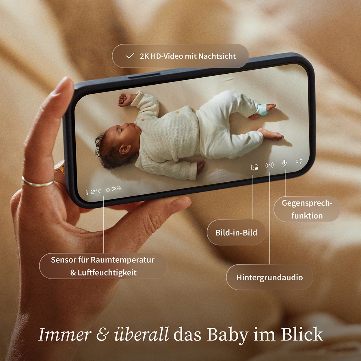 Smartphone mit Baby-Live-Bildschirm. Temperatur- und Feuchtigkeitsanzeige. Gegensprechfunktion und Hintergrundaudio.