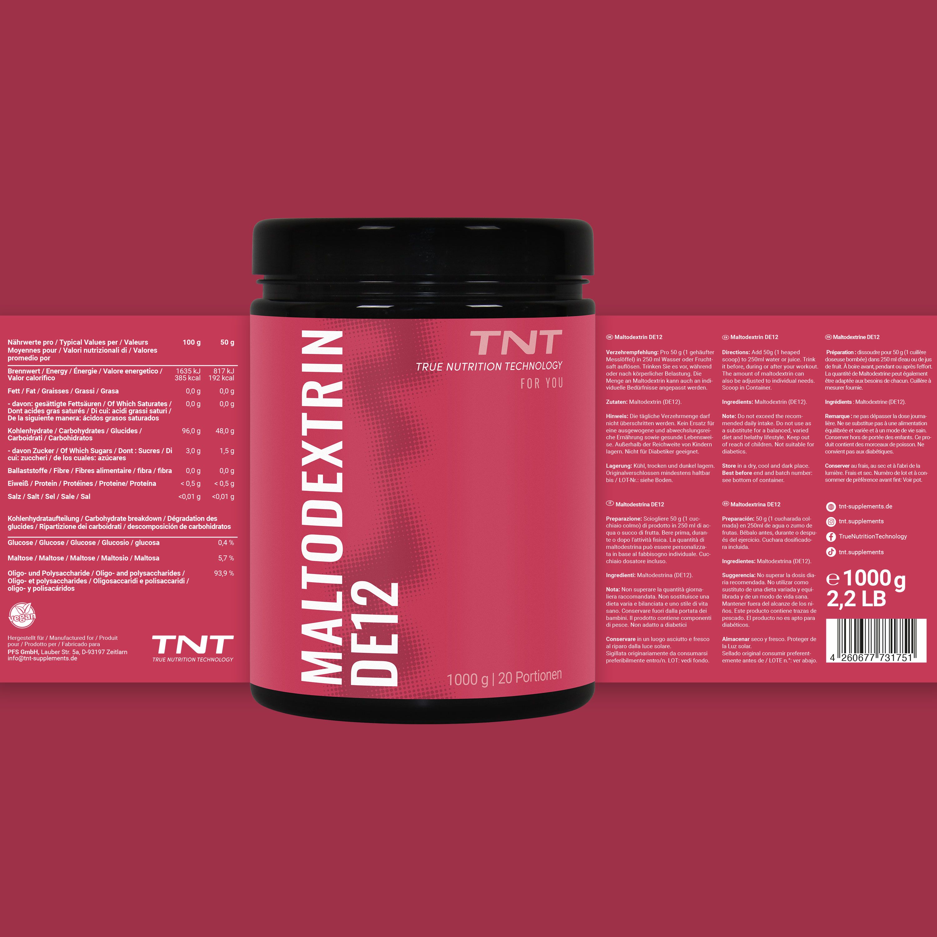 Pinkfarbener Behälter mit Etikett. MALTO DEXTRIN DE12, TNT Logo. Nährwertangaben und Informationen auf dem Etikett.
