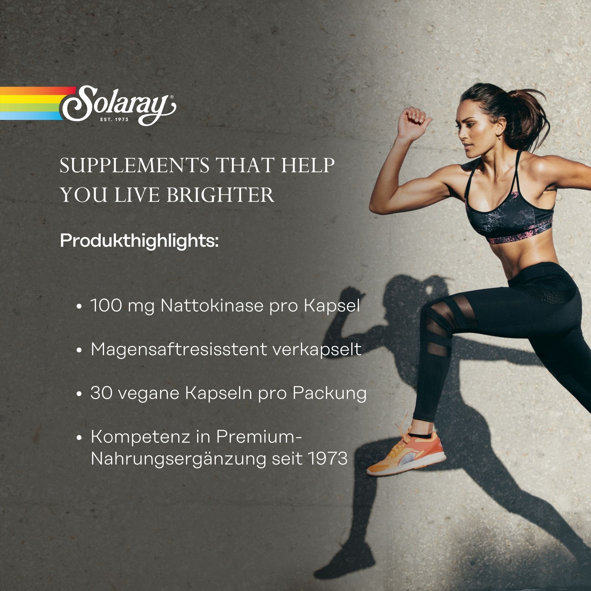 Solaray-Produkt. 100 mg Nattokinase pro Kapsel, magensaftresistent, 30 vegane Kapseln. Frau rennt. Text: Supplements that help you live brighter.