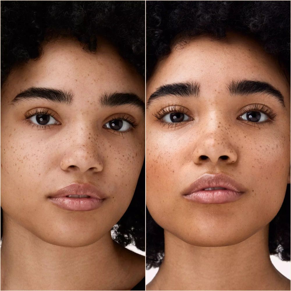 Vorher-Nachher-Vergleich. Frauengesicht, links ohne, rechts mit Highlighter. Hautton: hellbraun.