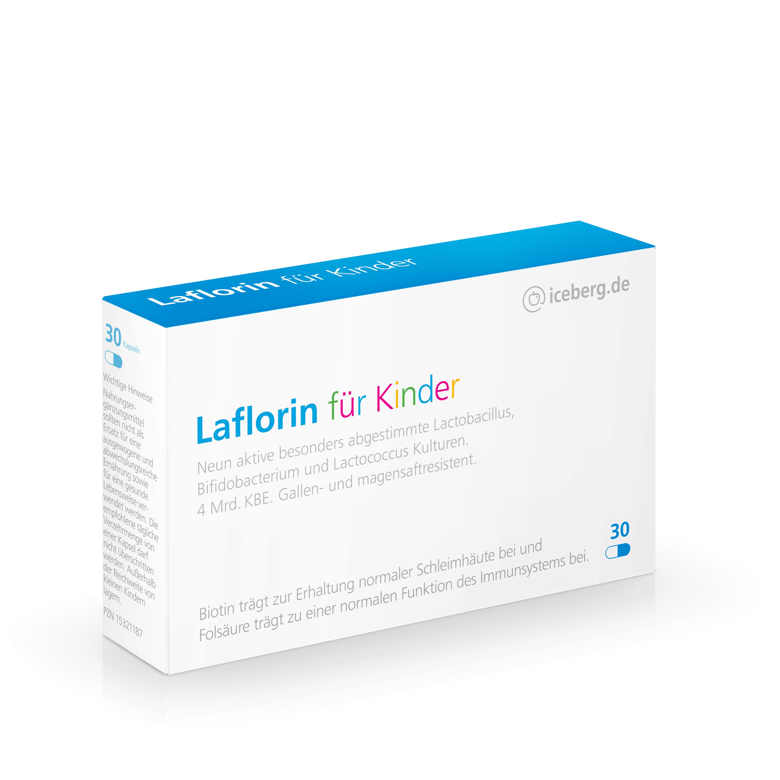 Karton Laflorin für Kinder. Blaue und weiße Verpackung. Text: Laflorin für Kinder, 30 Kapseln. iceberg.de.