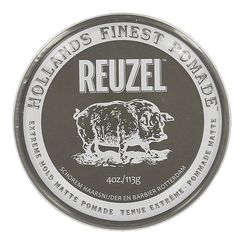 Runde Dose Reuzel Extreme Hold Matte Pomade. Dunkelgraues Etikett mit Schweine-Illustration und Schriftzug.