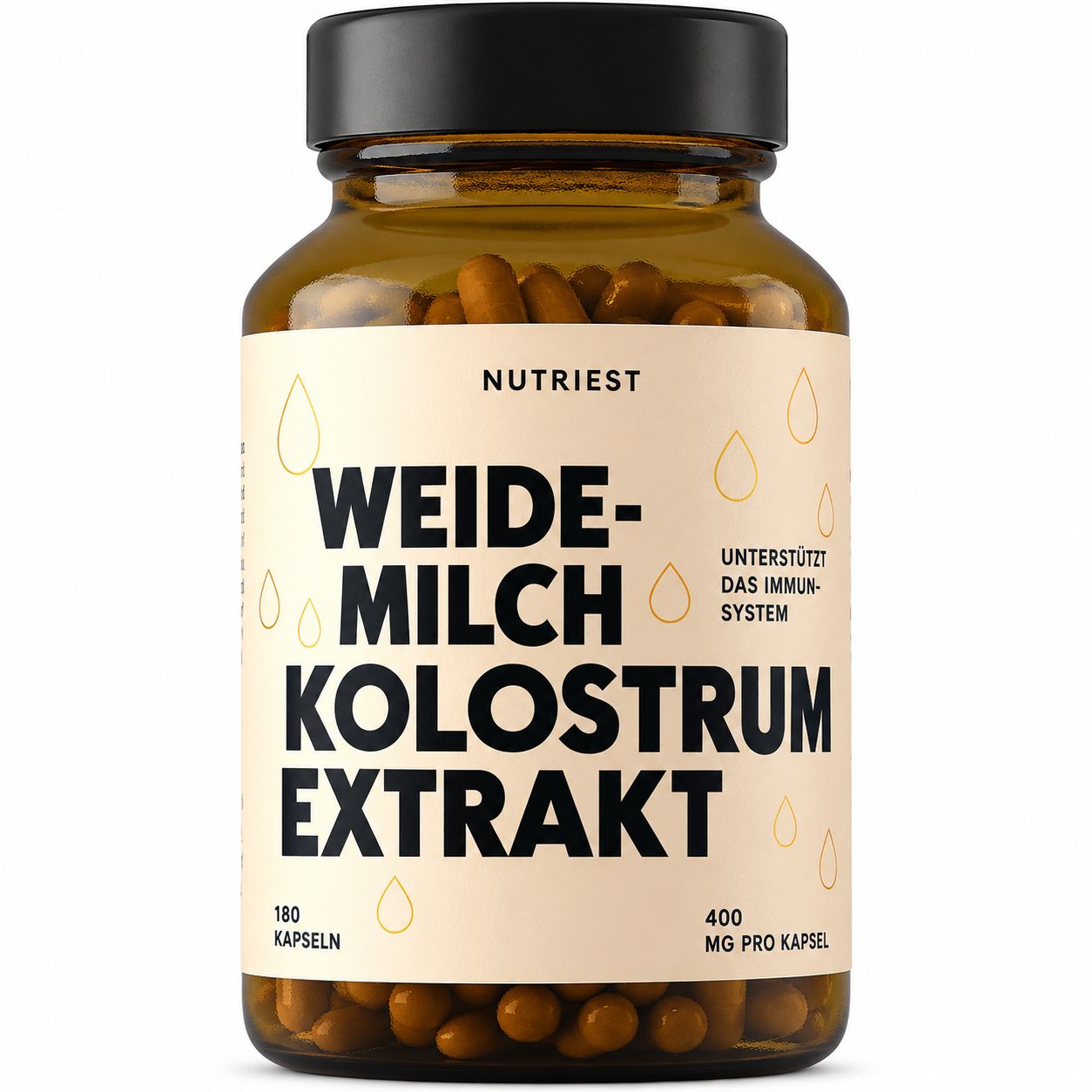 Nutriest Kolostrum Extrakt Kapseln in brauner Glasflasche, 180 Kapseln.