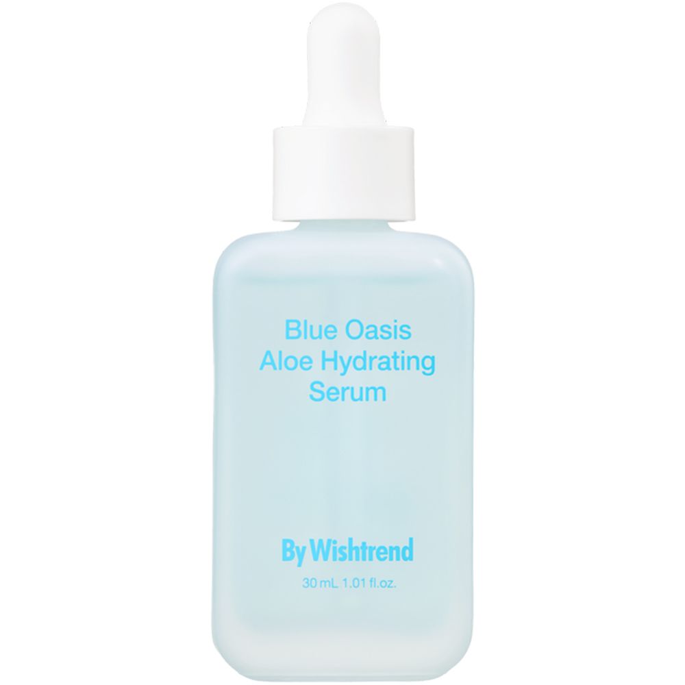 Blaues Serumfläschchen mit weißem Verschluss. Aufschrift: Blue Oasis Aloe Hydrating Serum, By Wishtrend.