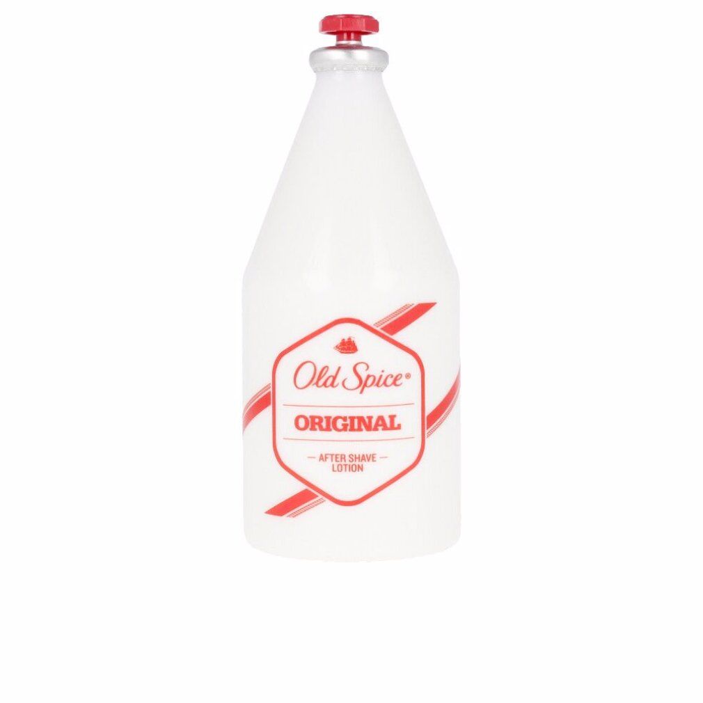 Weiße Flasche mit rotem Verschluss. Aufschrift: Old Spice Original After Shave Lotion. Rote Streifen.
