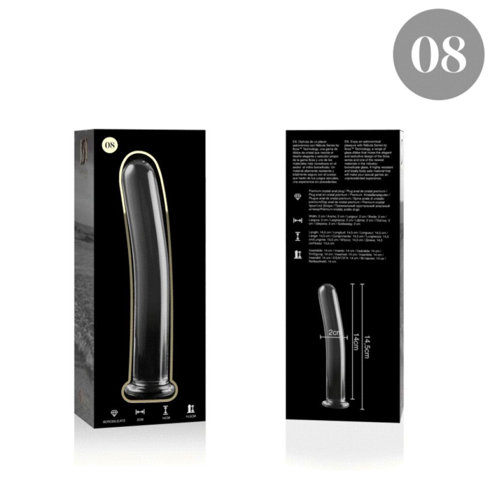 Borosilikatglas-Dildo, Modell 8, in schwarzer Verpackung mit Produktabbildung.
