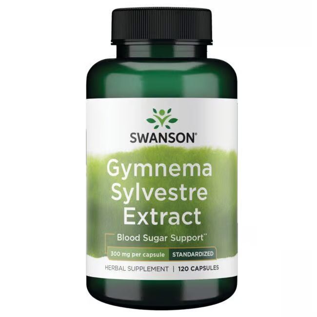 Grüne Flasche mit weißem Etikett. Aufschrift: Swanson Gymnema Sylvestre Extrakt, 300 mg pro Kapsel, 120 Kapseln.