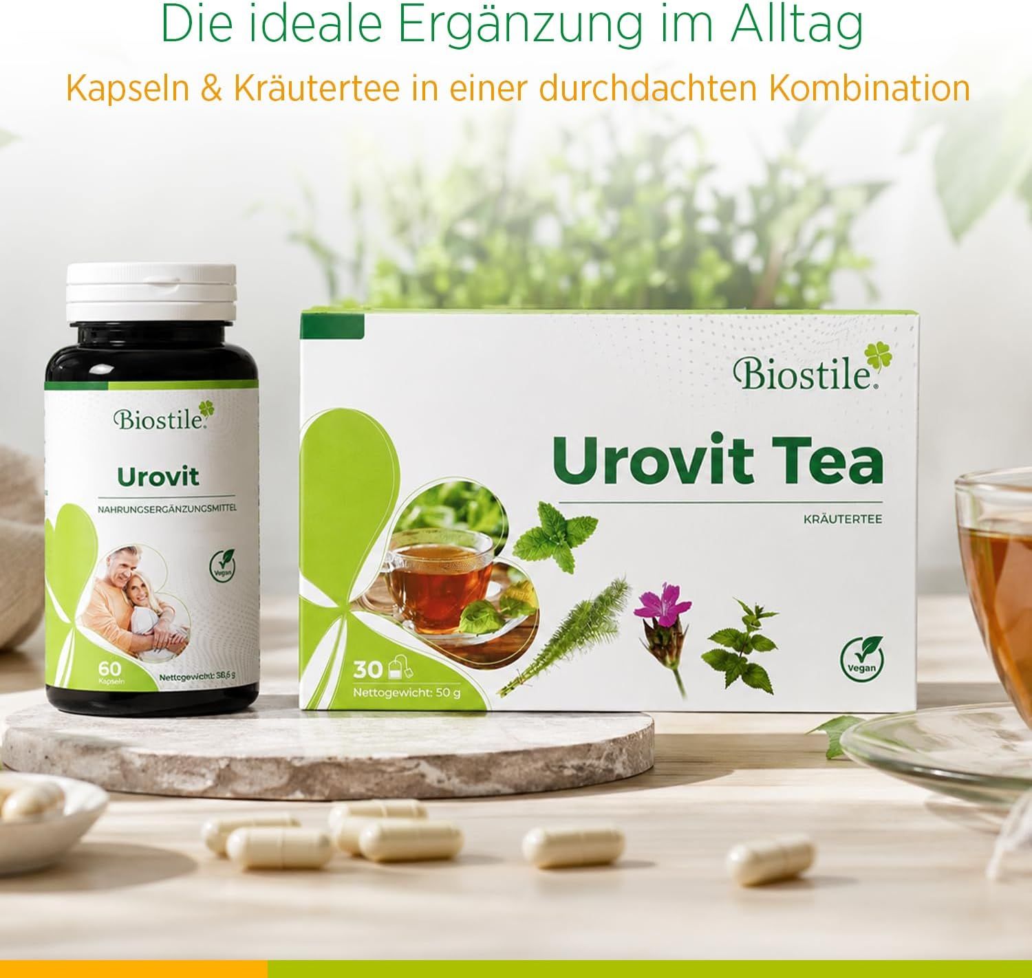 Biostile Urovit Tee Packung und Kapseln.