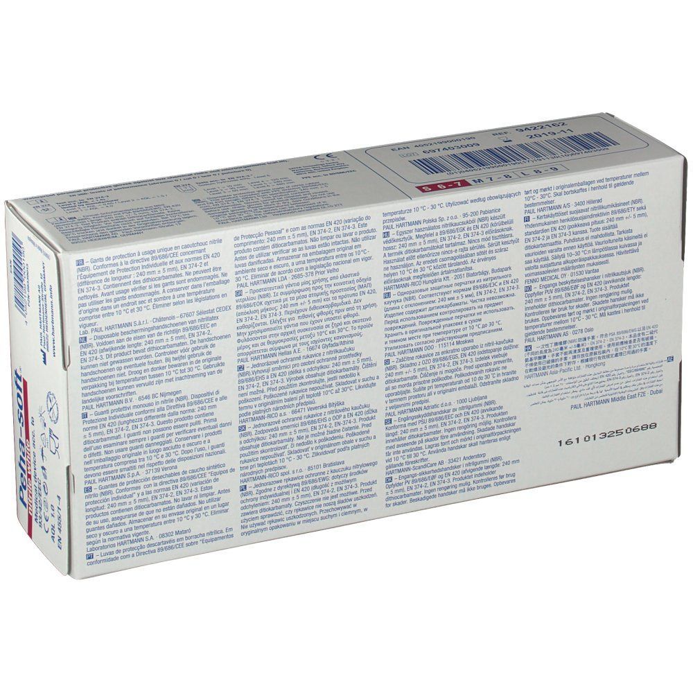 Rückseite einer weißen Box mit Peha-soft Nitril-Handschuhen. Text in mehreren Sprachen. Medizinprodukt.
