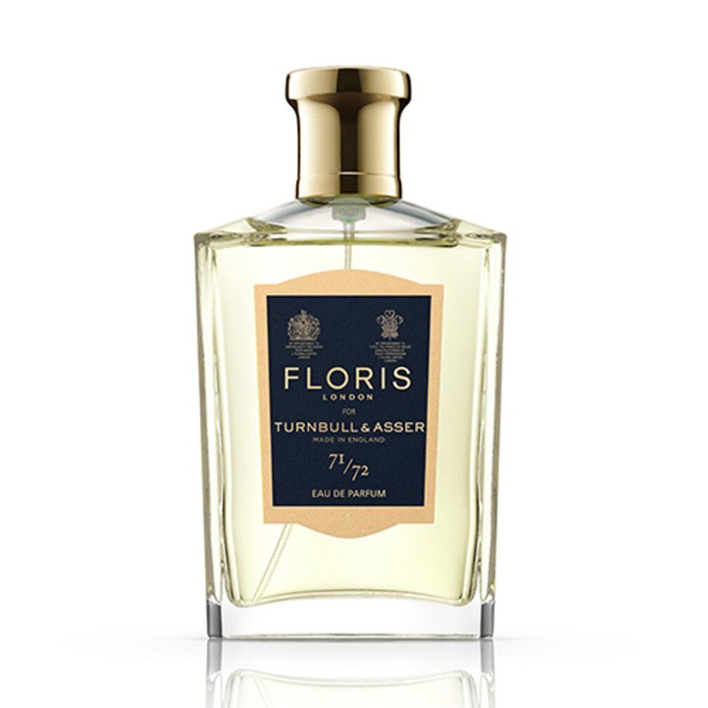 Parfümflasche mit goldfarbenem Verschluss. Auf dem Etikett: FLORIS LONDON, TURNBULL & ASSER, 71/72, Eau de Parfum. Hergestellt in England.