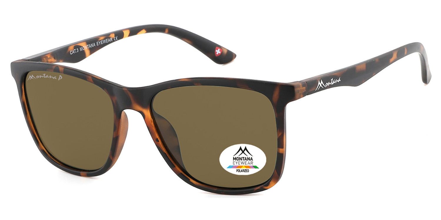 Sonnenbrille mit braunen Gläsern und braun-gemustertem Rahmen. Logo und Markenschriftzug sind sichtbar.