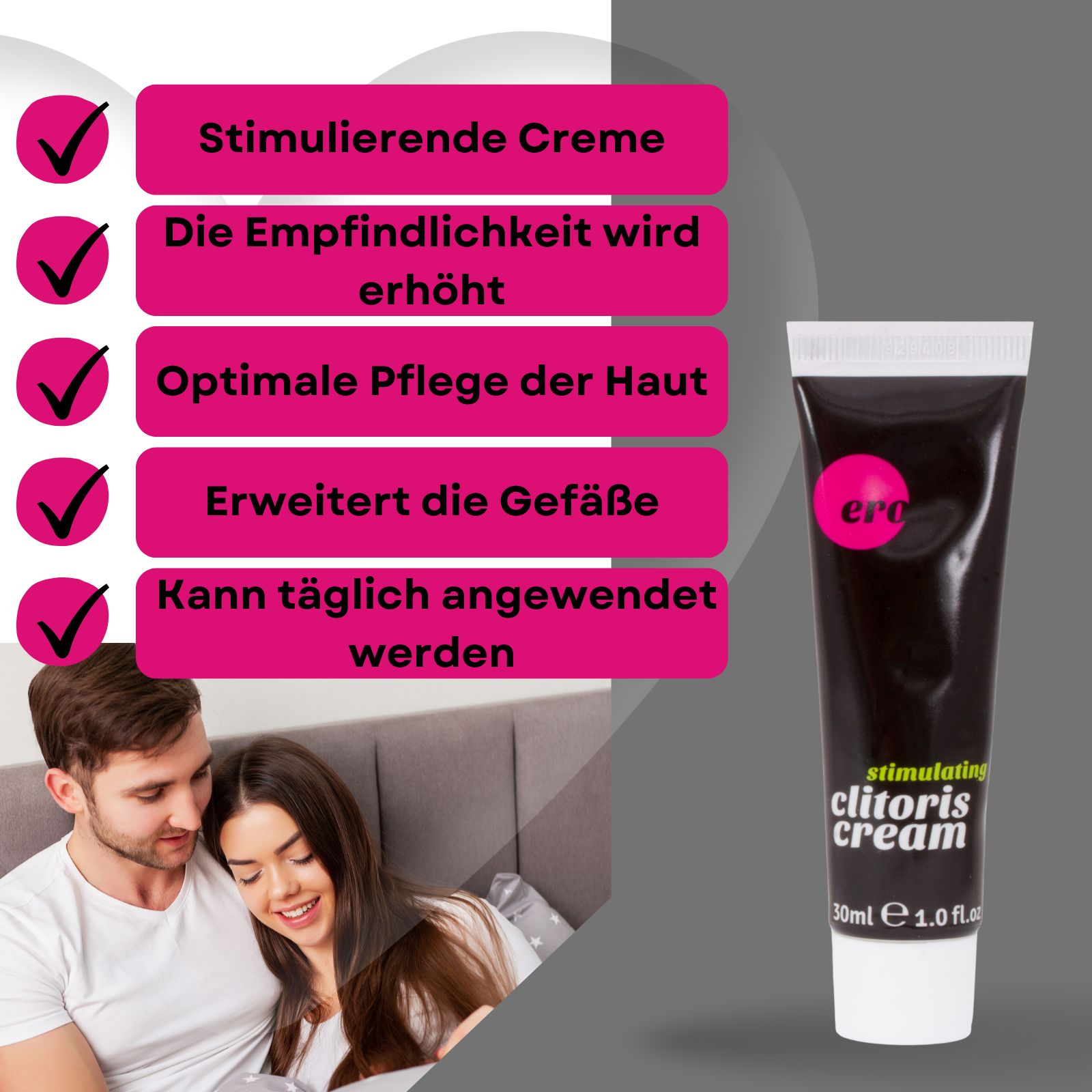 Schwarze Tube und Verpackung. Text: stimulating clitoris cream. Logo: Ero. Enthält 30ml. Personen im Hintergrund.