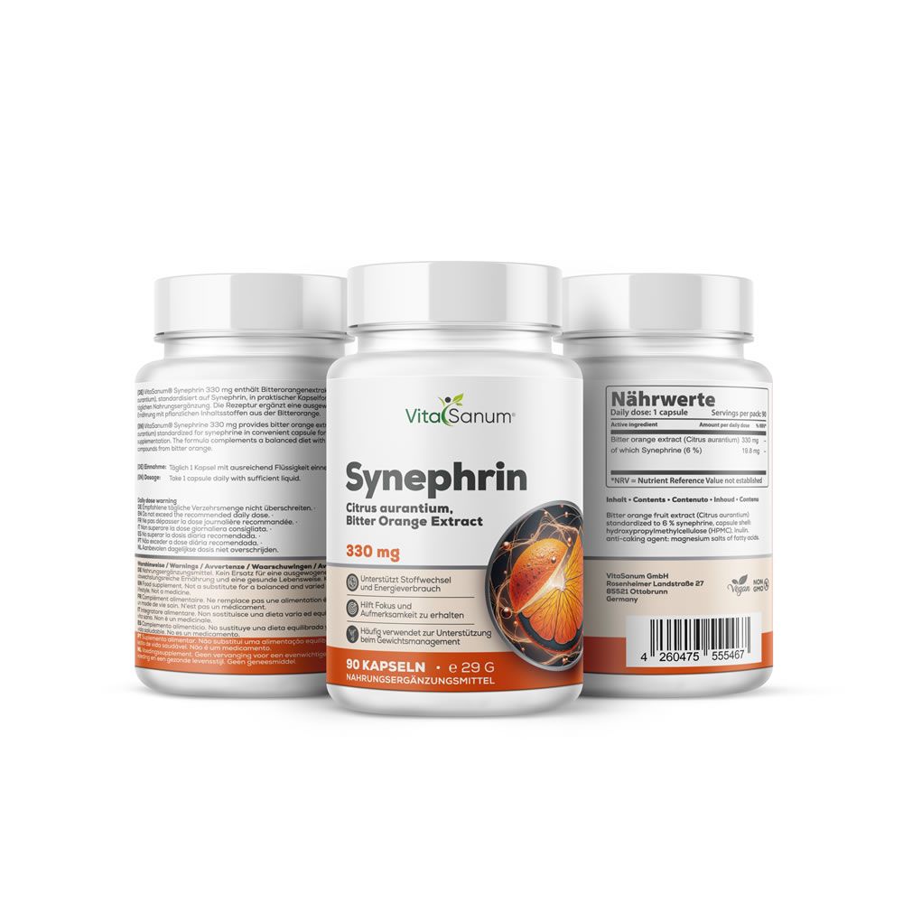 Drei Flaschen VitaSanum®-Synephrin-Kapseln. Weiße Flaschen mit weißen Deckeln. Etiketten mit Produktinformationen und Nährwertangaben.