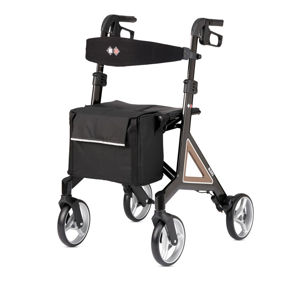 Leichter Carbon-Rollator mit Sitz, Tasche und höhenverstellbarem Griff. Schwarzes Design.