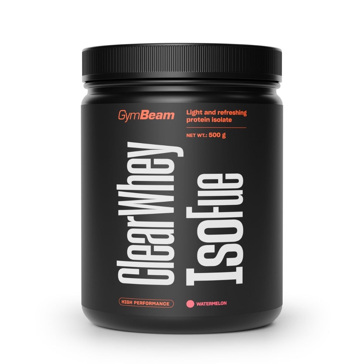 GymBeam Clear Whey IsoFue Molkenprotein-Isolat Pulver in schwarzem Behälter mit rotem Etikett.