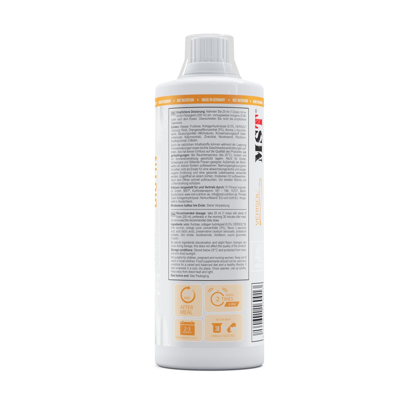 Rückseite einer Flasche MST Kollagen Peptiden mit Anwendungshinweisen und Symbolen für Lagerung und Zubereitung.