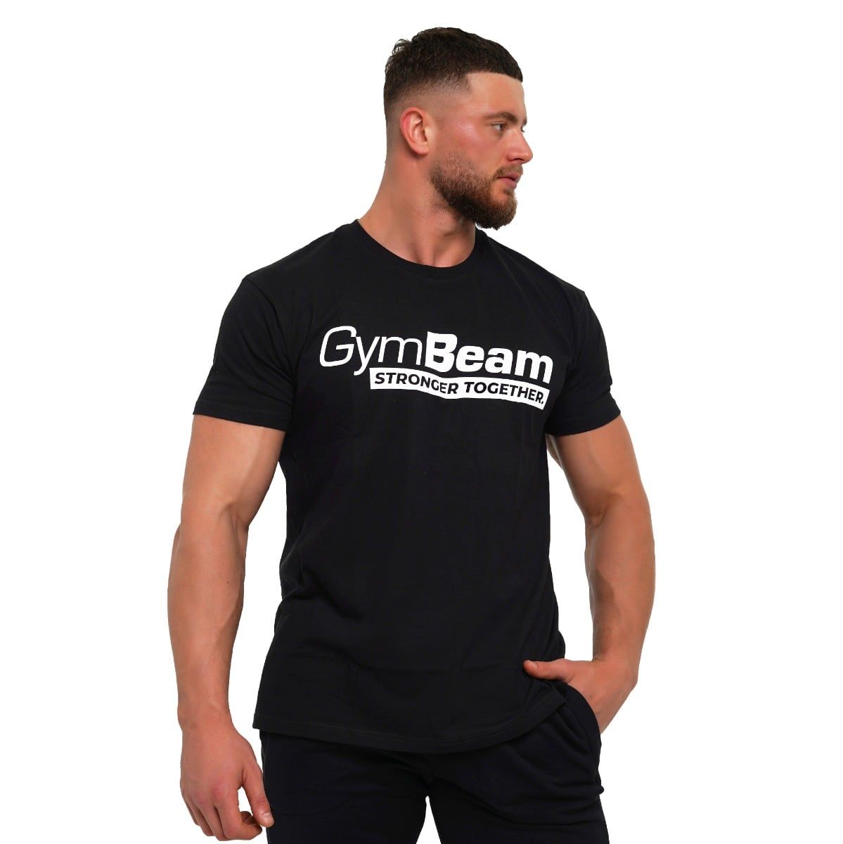 Schwarzes GymBeam T-Shirt für Herren, Seitenansicht, mit weißem "Stronger Together" Aufdruck.