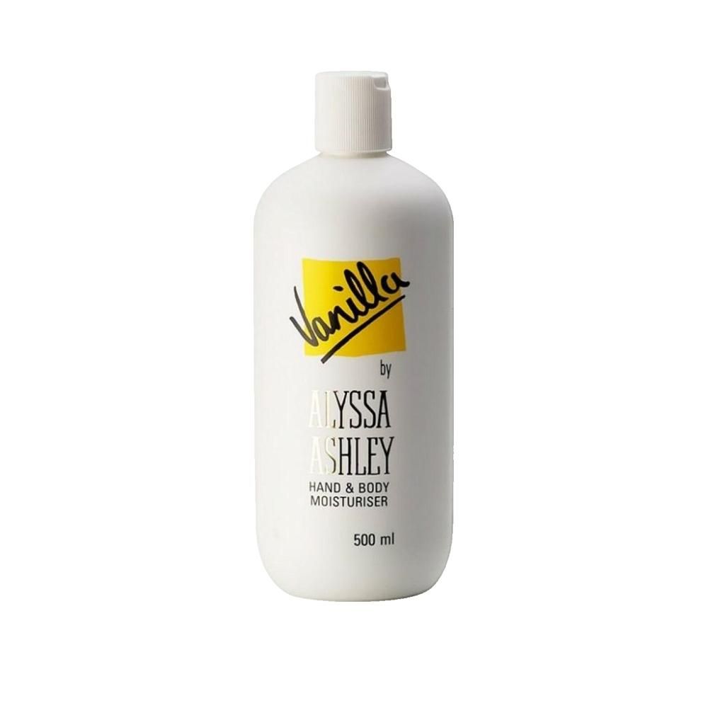Weiße Flasche mit gelbem Etikett. Aufschrift: Vanilla by Alyssa Ashley, Hand & Body Moisturiser. 500 ml.