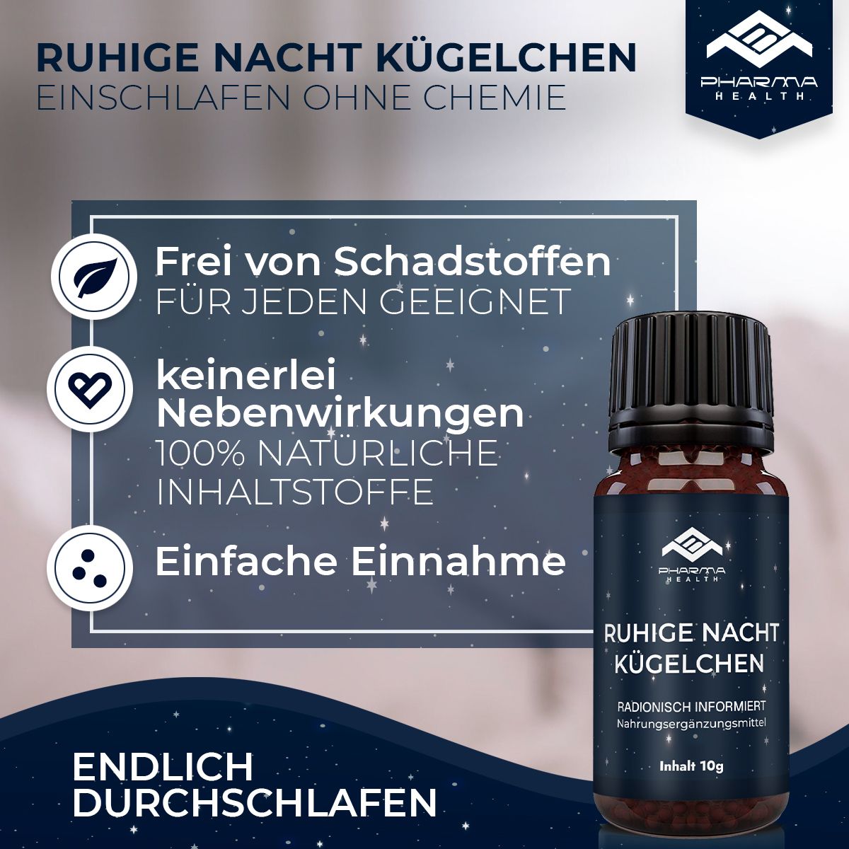 Produktflasche mit Text und Icons. Aufschrift: Ruhige Nacht Kügelchen. Text: Frei von Schadstoffen, keine Nebenwirkungen, einfache Einnahme.