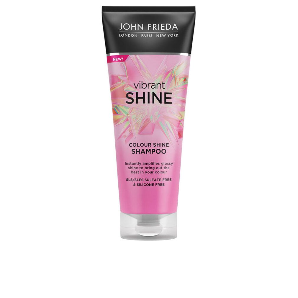 Rosa Shampoo-Tube mit schwarzem Deckel. Aufschrift: VIBRANT SHINE, COLOUR SHINE SHAMPOO. Marke: JOHN FRIEDA.