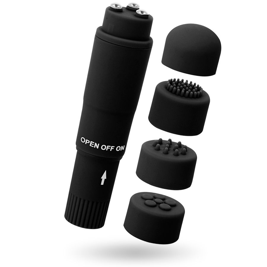 Schwarzer Mini-Massagevibrator mit vier abnehmbaren Aufsätzen: glatt, Bürste, Noppen und Kugeln.