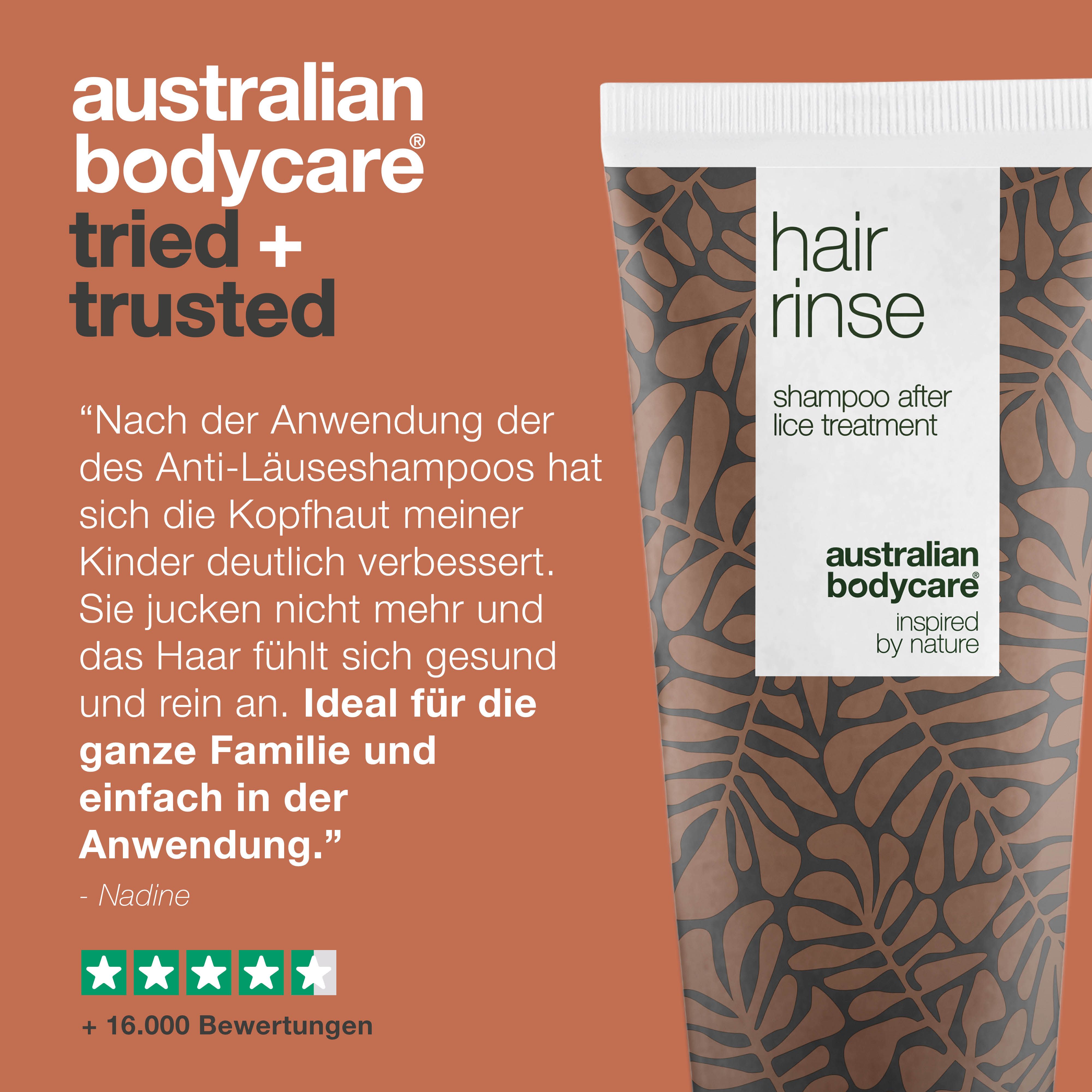 Tube. Aufschrift: hair rinse, shampoo after lice treatment. Marke: Australian Bodycare.