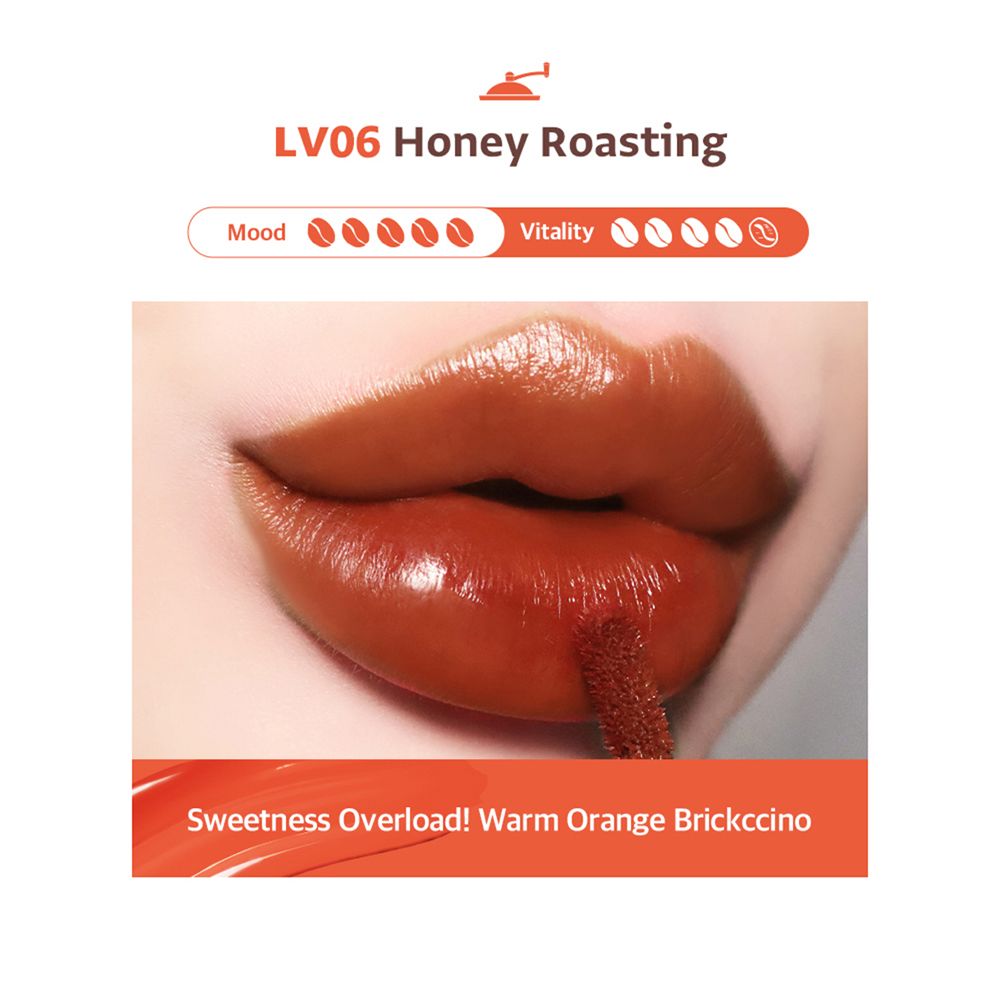 Lippen mit orangefarbenem Lip Tint. Text: 'LV06 Honey Roasting'. Stimmung und Vitalität-Indikatoren.