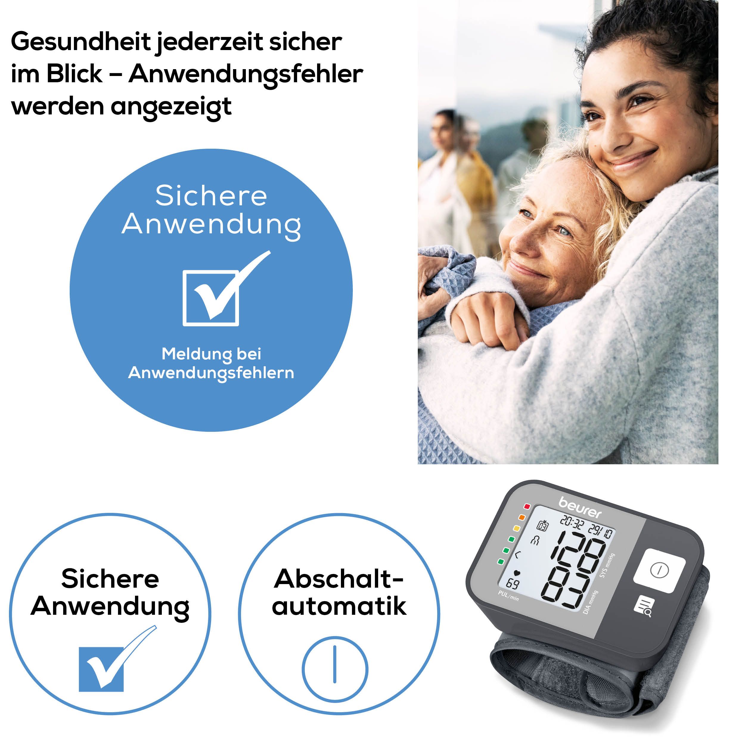 Handgelenk-Blutdruckmessgerät mit Display. Sichere Anwendung. Abschaltautomatik. Beurer.