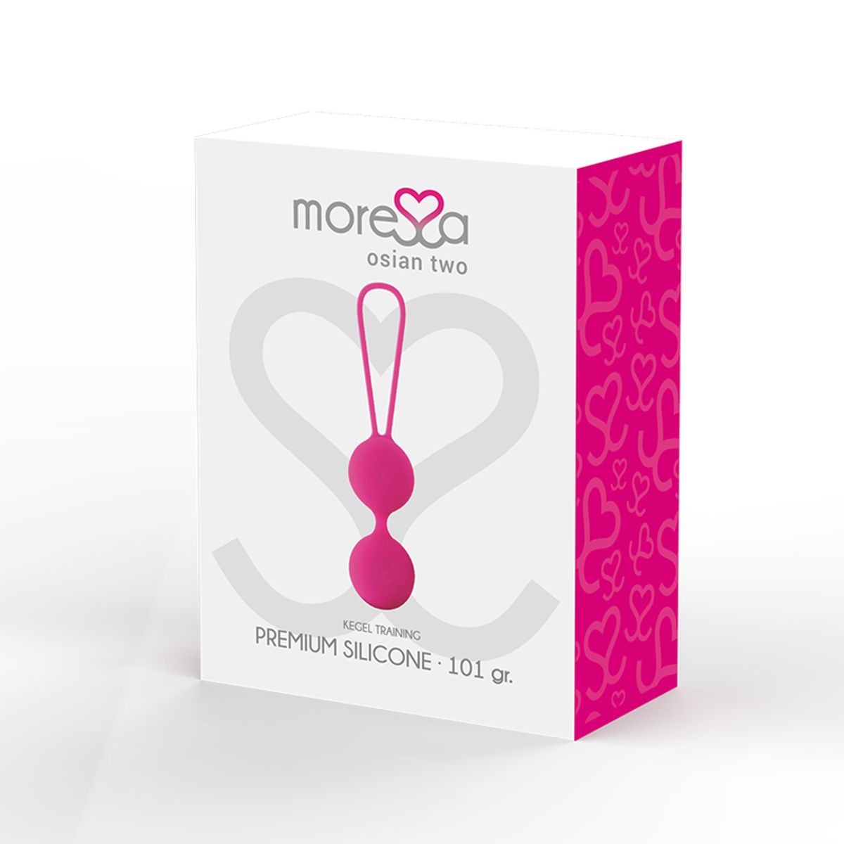 Verpackung von Moressa osian two. Weißer Karton mit pinkfarbenem Logo und Produktbild. Aufschrift: PREMIUM SILICONE.