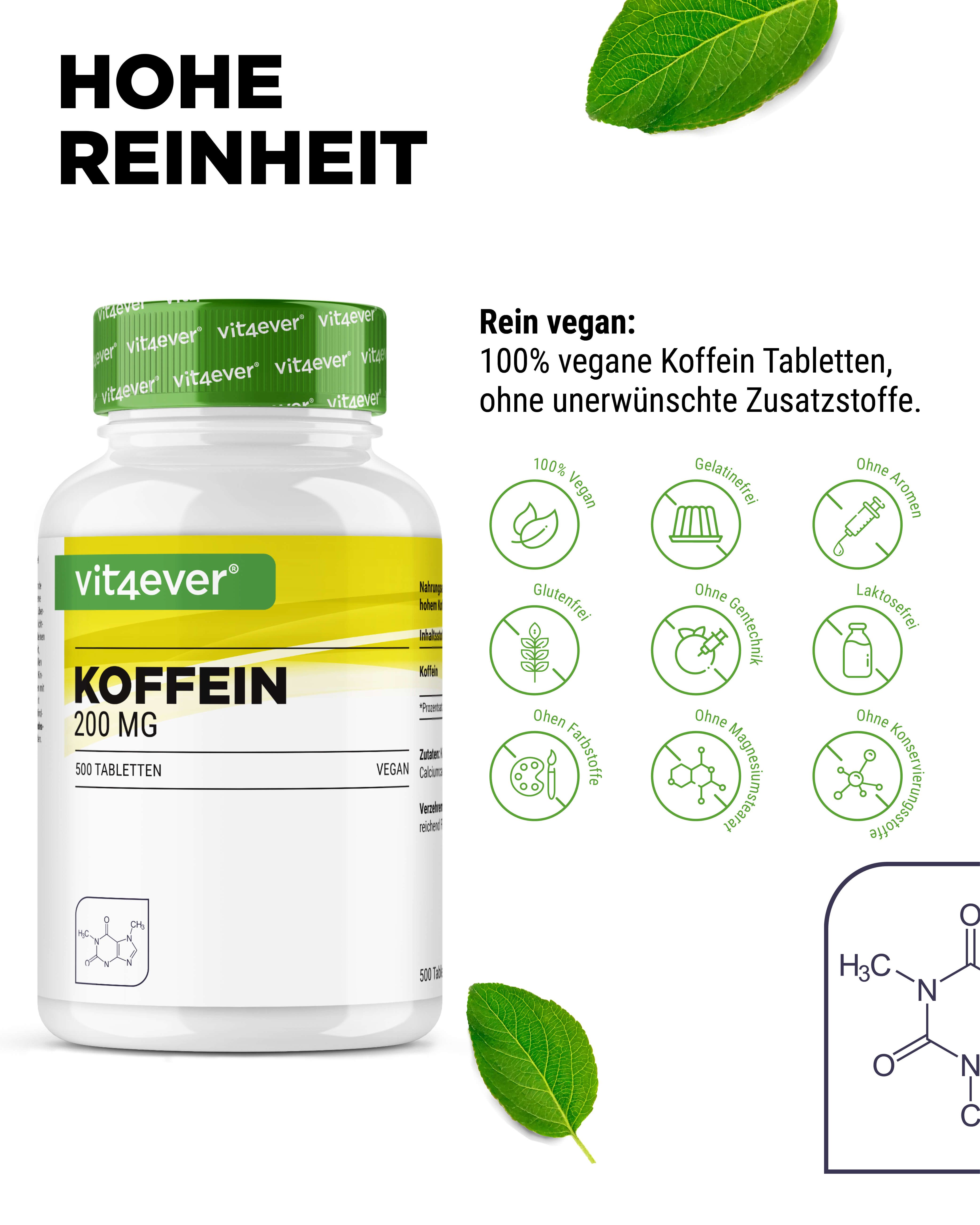 Weiße Flasche mit grünem Deckel. Aufschrift: vit4ever, Koffein 200 MG, 500 Tabletten. Rein vegan. Siegel.