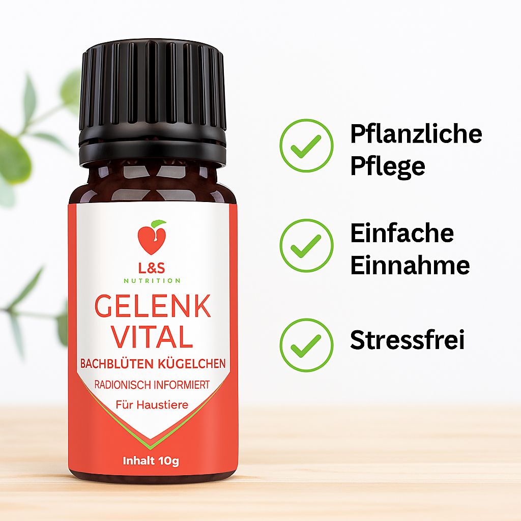 Braune Glasflasche mit schwarzem Deckel. Rotes Etikett mit weißer Schrift: Gelenk Vital, L&S Nutrition. Grüne Häkchen.