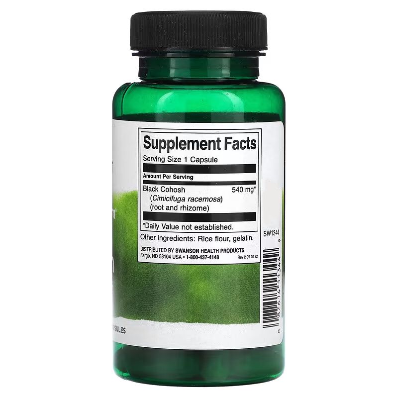 Rückseite der grünen Flasche. Aufschrift: Supplement Facts. Enthält Black Cohosh (540 mg). Weitere Inhaltsstoffe: Reismehl, Gelatine.